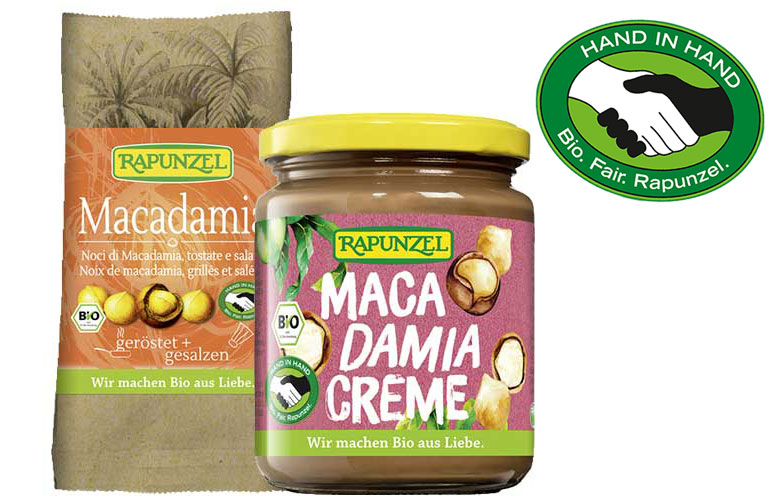 Produkte von Rapunzel mit LIMBUA Bio-Macadamia im Verkaufsregal